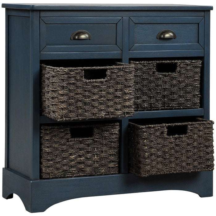 RusticStorage Cabinet with Two Drawers and Four  Classic Rattan Basket for Dining Room/Entryway/Living Room (Antique Navy)