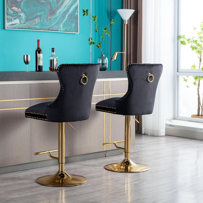 Swivel Bar Stools Chair Set of 2Modern Adjustable Counter Height Bar Stools, Velvet Upholstered Stool with Tufted High Back & Ring Pull for Kitchen , Chrome Golden Base, Black