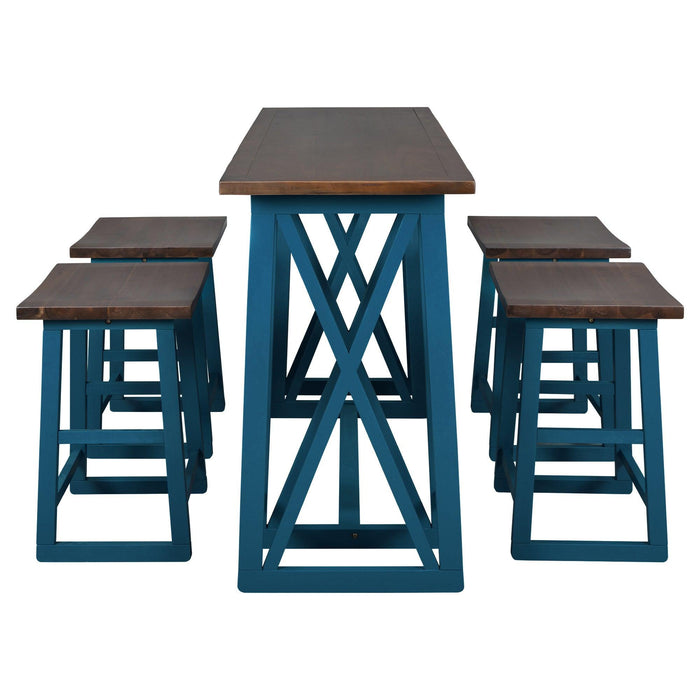 Rustic Counter Height 5-Piece Dining Set, Wood Console Table Set with 4 Stools for Small Places,Walnut+Blue
