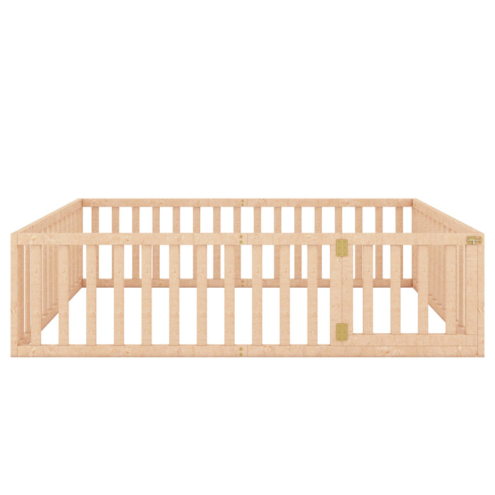 Queen Size Wood Floor Bed Frame with Fence and Door, Natural