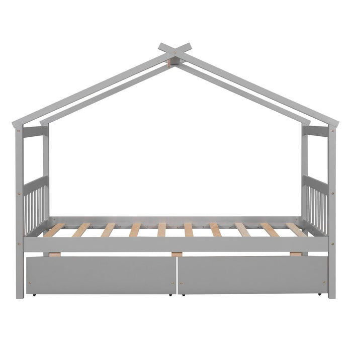 Twin Size Wooden House Bed with Drawers, Gray