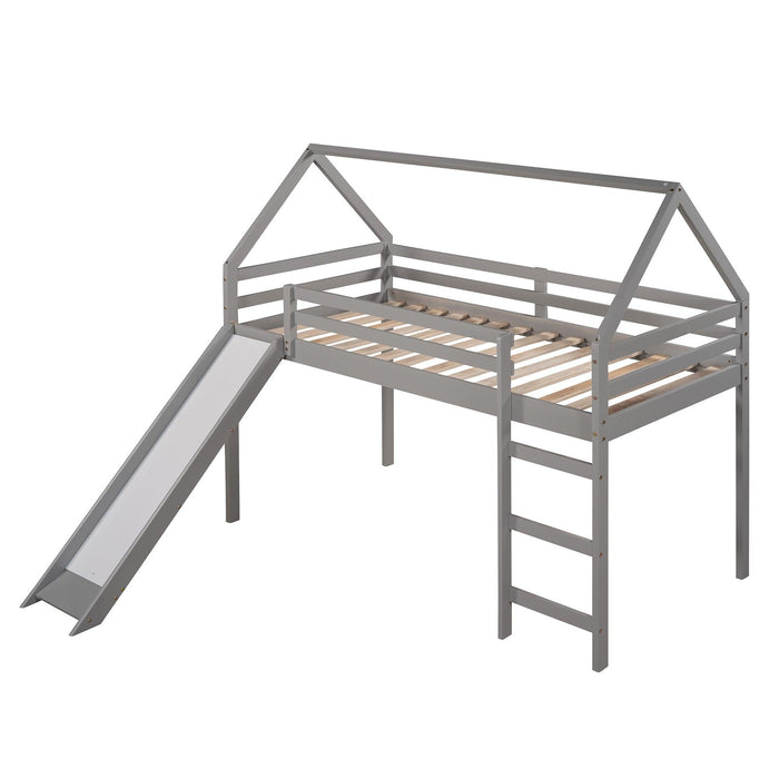 Twin Size Loft Bed with Slide, House Bed with Slide,Gray