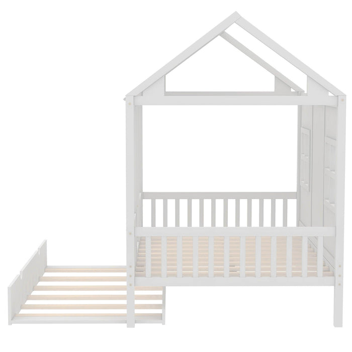 Full Size Wood House Bed With Twin Size Trundle, Wooden Daybed, White