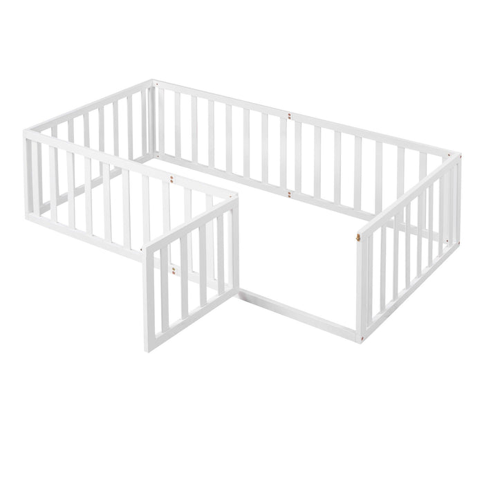 Twin Size Wood Floor Bed Frame with Fence and Door, White