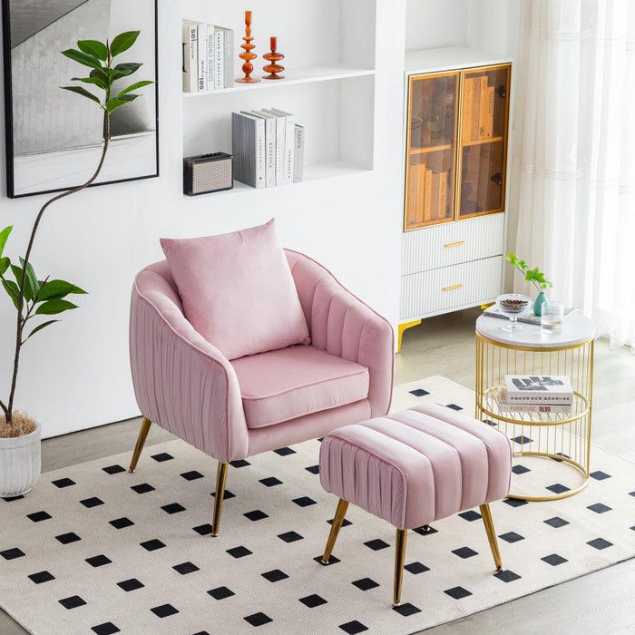 Velvet Accent Chair,Modern Barrel Chair with Ottoman, Arm Pub Chair for Living Room/Bedroom/Nail Salon, Blush Pink, Golden Finished, Suitable for Small Spaces