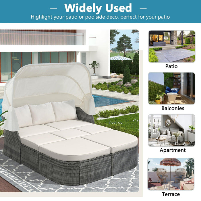 Outdoor Patio Furniture Set Daybed Sunbed with Retractable Canopy and Beige Cushions