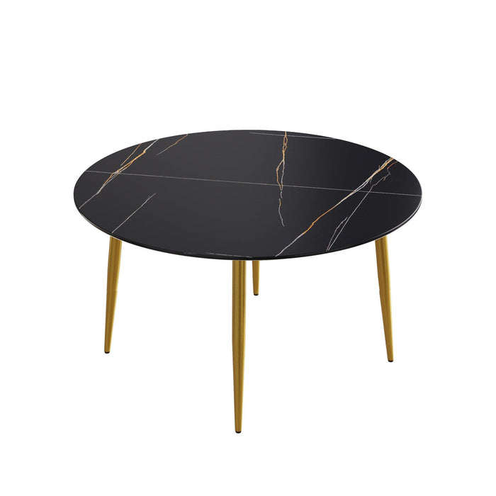 53.15 "Modern artificial stone black round dining table with golden metal legs-can accommodate 6 people.