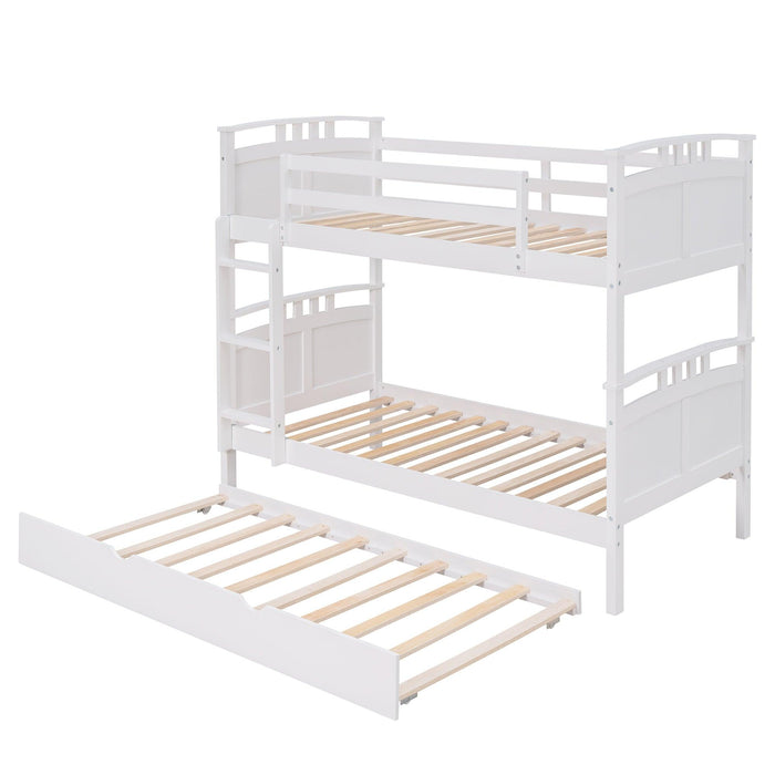Twin Over Twin Convertible Bunk Bed with Twin Size Trundle and Ladder - White