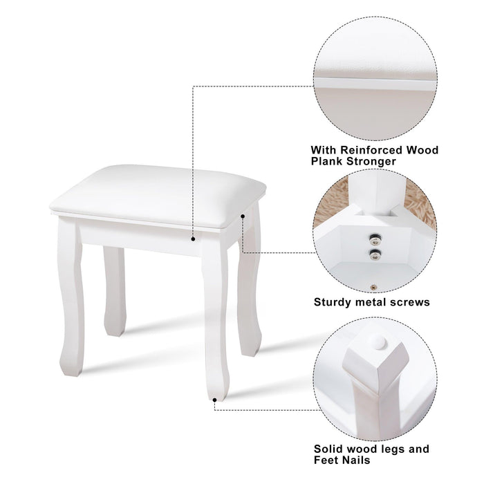 White Vanity Stool Padded Makeup Chair Bench with Solid Wood Legs