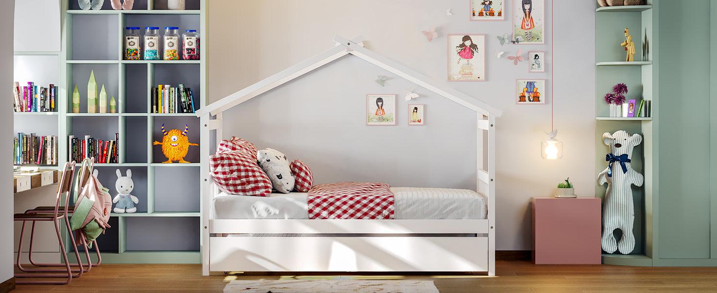 Full Size Wooden House Bed with Twin Size Trundle, White