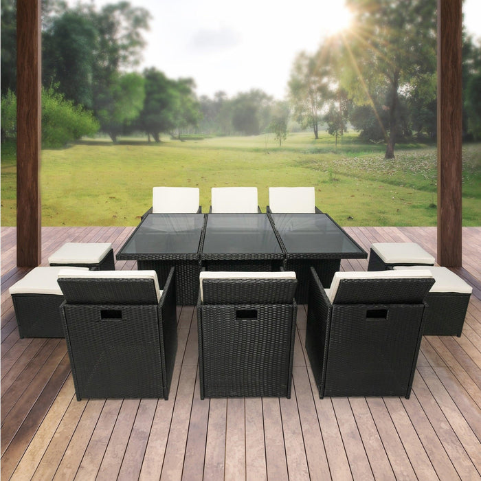 11 Pieces Patio Dining Sets Outdoor Space Saving Rattan Chairs with Glass Table Patio Furniture Sets Cushioned Seating and Back Sectional Conversation Set Black