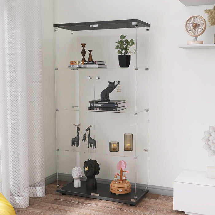 Two-door Glass Display Cabinet 4 Shelves with Door, Floor Standing Curio Bookshelf for Living Room Bedroom Office, 64.56” x 31.69”x 14.37”, Black