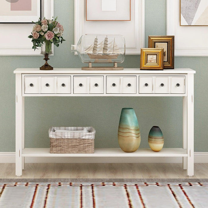 Rustic Entryway Console Table, 60" Long with two Different Size Drawers and Bottom Shelf forStorage (Antique White)