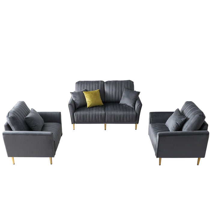 3 Piece Living Room Set with 1 Piece Two Seat Sofa And 2 Piece Armchair, 4 Throw Pillows Included, Grey Velvet