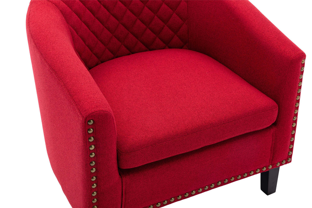 accent Barrel chair living room chair with nailheads and solid wood legs  Red  Linen