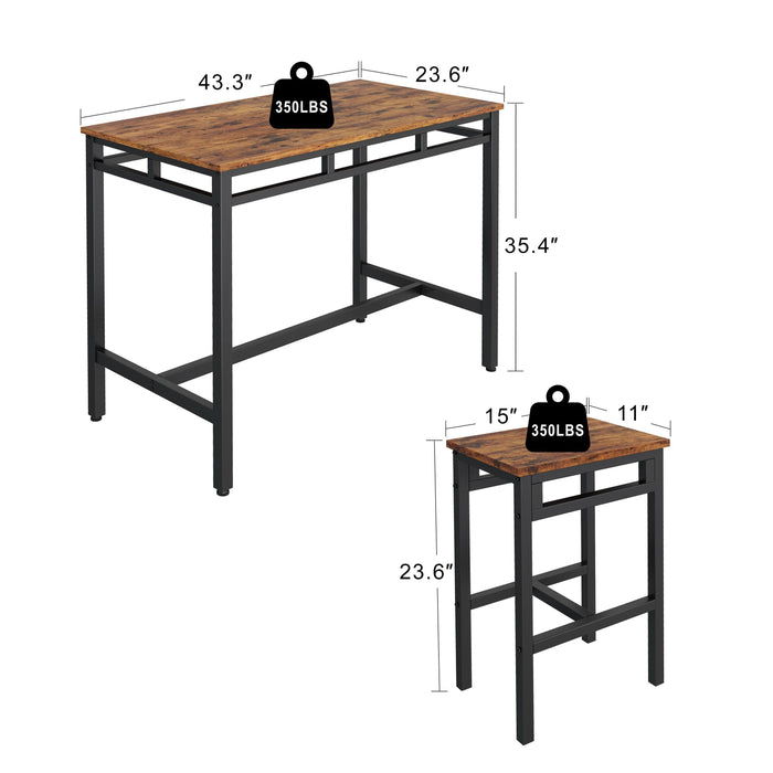 Bar table set 5PC Dinging table set with high stools, structural strengthening, industrial style (Rustic Brown，43.31''w x 23.62''d x 35.43''h)