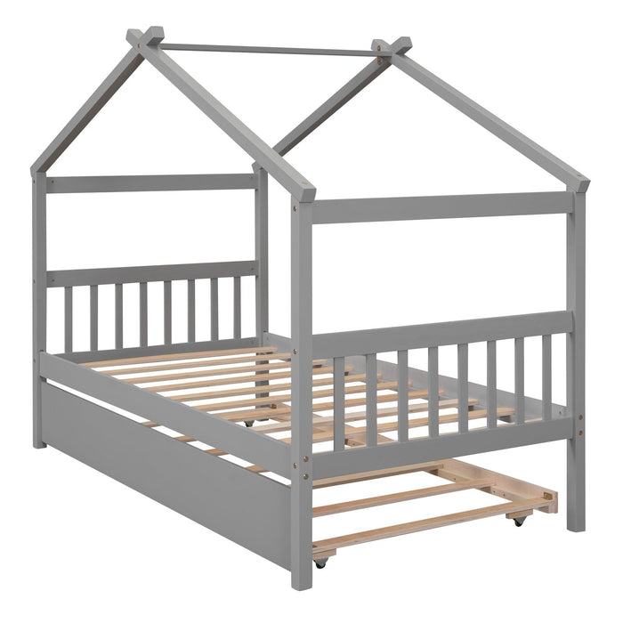 Twin Size Wooden House Bed with Twin Size Trundle, Gray