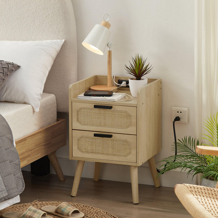 Rattan nightstand with socket side table natural handmade rattan（Natural 15.55’’W*13.78’’D*23.82’’H）