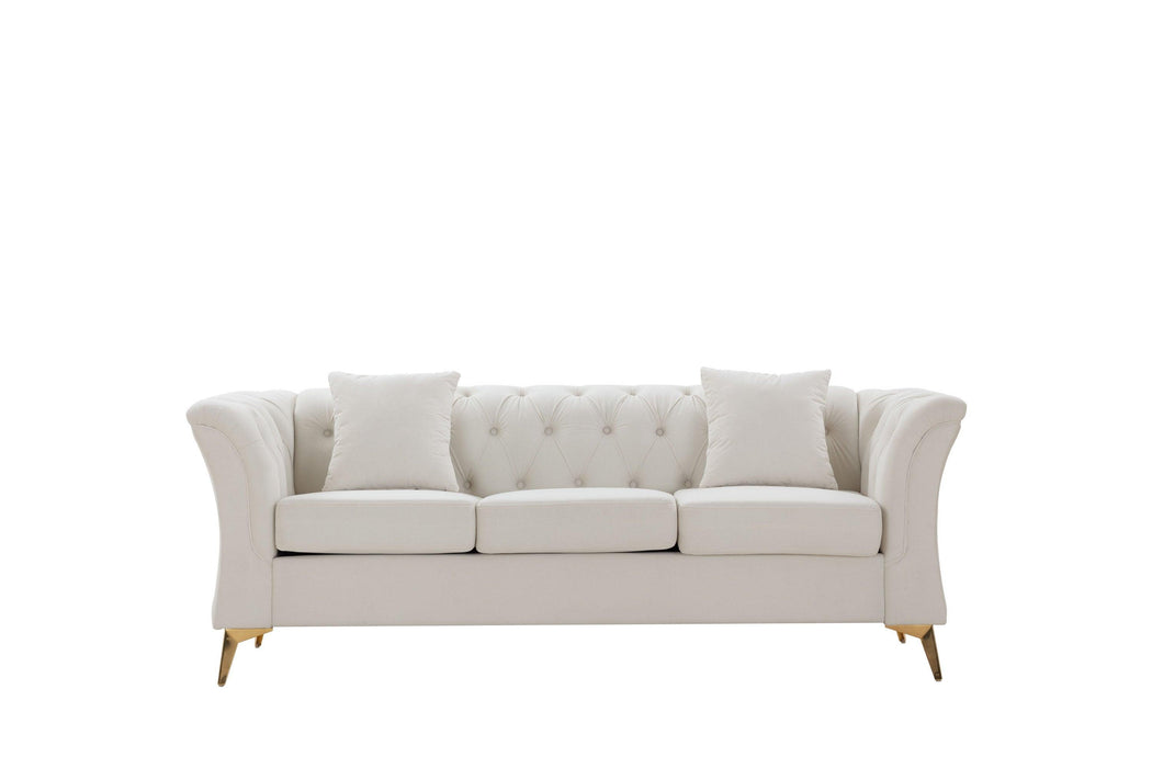 Modern Chesterfield Curved Sofa Tufted Velvet Couch 3 Seat Button Tufed Loveseat with Scroll Arms and ld Metal Legs for Living Room Bedroom Beige
