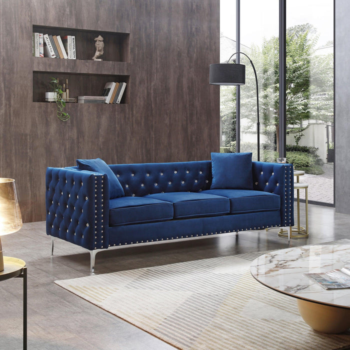 82.3" WidthModern Velvet Sofa Jeweled Buttons Tufted Square Arm Couch Blue,2 Pillows Included