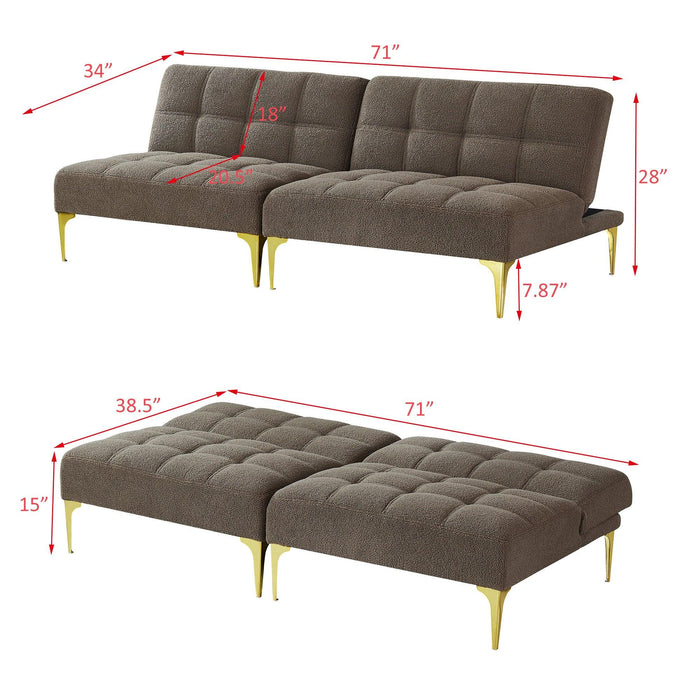 Convertible sofa bed futon with gold metal legs teddy fabric (Taupe)