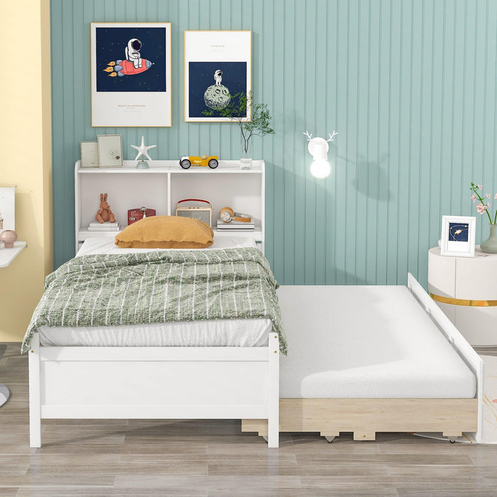 Twin Bed with Bookcase,Twin Trundle,Drawers,White