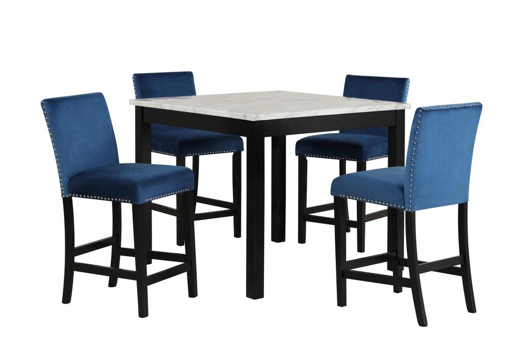 5-piece Counter Height Dining Table Set with One Faux Marble Dining Table and Four Upholstered-Seat Chairs，for Kitchen and Living room,Table : 42"L x42"Wx36"H,Chair:18.5"Wx23.2"Dx39.8"H,  Blue