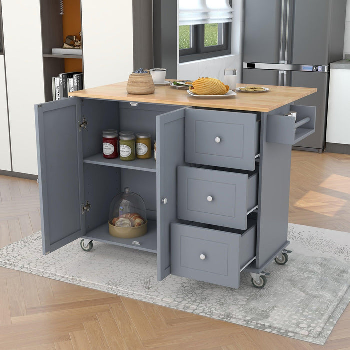 Rolling Mobile Kitchen Island with Solid Wood Top and Locking Wheels，52.7 Inch Width，Storage Cabinet and Drop Leaf Breakfast Bar，Spice Rack, Towel Rack & Drawer （Grey Blue）