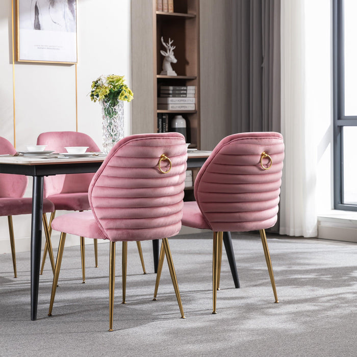 Modern Dining Chair Set of 2, Woven Velvet Upholstered Side Chairs with Barrel Backrest and Gold Metal Legs, Accent Chairs for Living Room Bedroom,Pink
