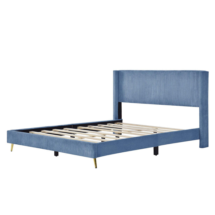 Queen Size Corduroy Platform Bed with Metal Legs, Blue
