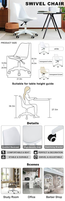 Modern Home Office Desk Chairs, Adjustable 360 °Swivel  Chair Engineering  Plastic Armless Swivel Computer  Chair With Wheels for Living Room, Bed Room Office Hotel Dining Room and White.