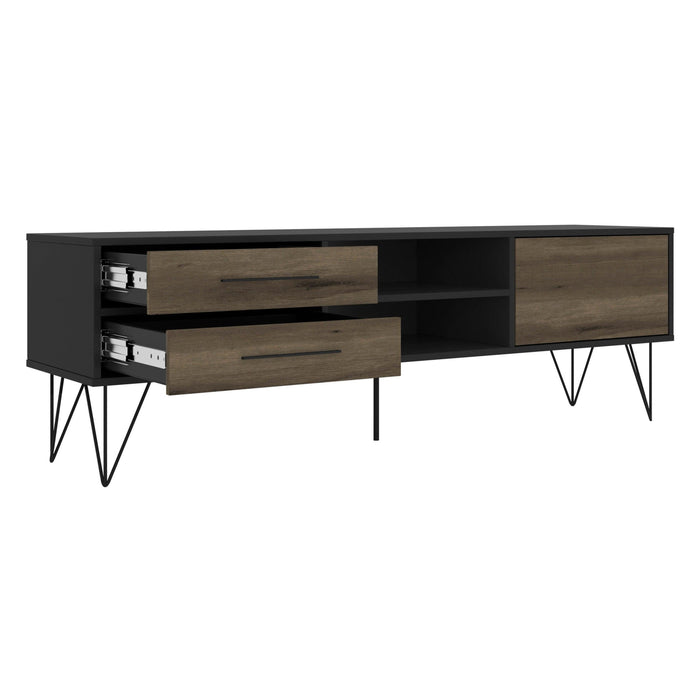 60 Inch Wood and Metal 1 Door TV Entertainment Stand with 2 Drawers, Brown and Black