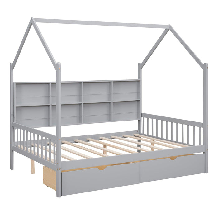 Wooden Full Size House Bed with 2 Drawers,Kids Bed withStorage Shelf, Gray