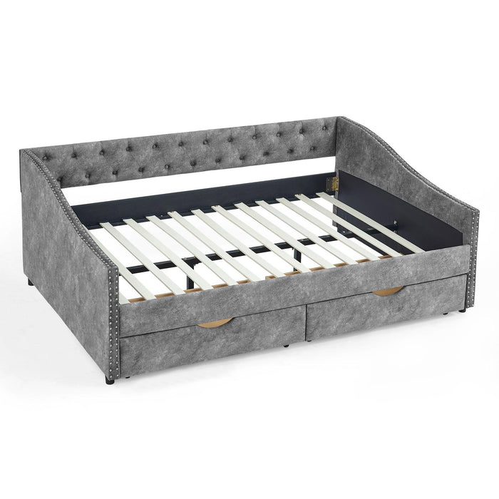 Full Size Daybed with Drawers Upholstered Tufted Sofa Bed, with Button on Back and Copper Nail on Waved Shape Arms，Grey（80.5“x55.5”x27.5“）