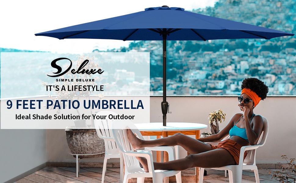 Simple Deluxe 9ft Outdoor Market Table Patio Umbrella with Button Tilt, Crank and 8 Sturdy Ribs for Garden, Blue