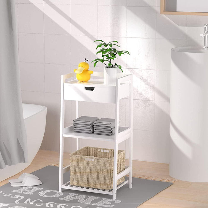 Bathroom Shelves, 3 Tier Ladder Shelf with Drawers, Bamboo Nightstand Open Shelving, Bookshelf Bookcase End Table Plant Stand for Living Room, Bedroom, Bathroom, Kitchen (White)