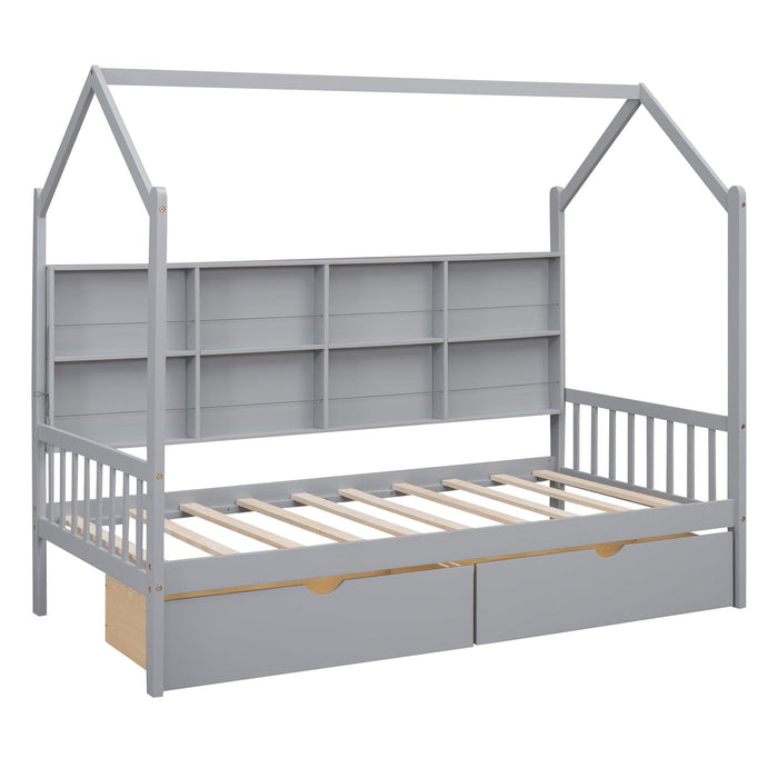 Wooden Twin Size House Bed with 2 Drawers,Kids Bed withStorage Shelf, Gray