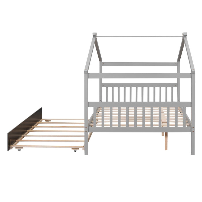 Full Size Wooden House Bed with Twin Size Trundle, Gray