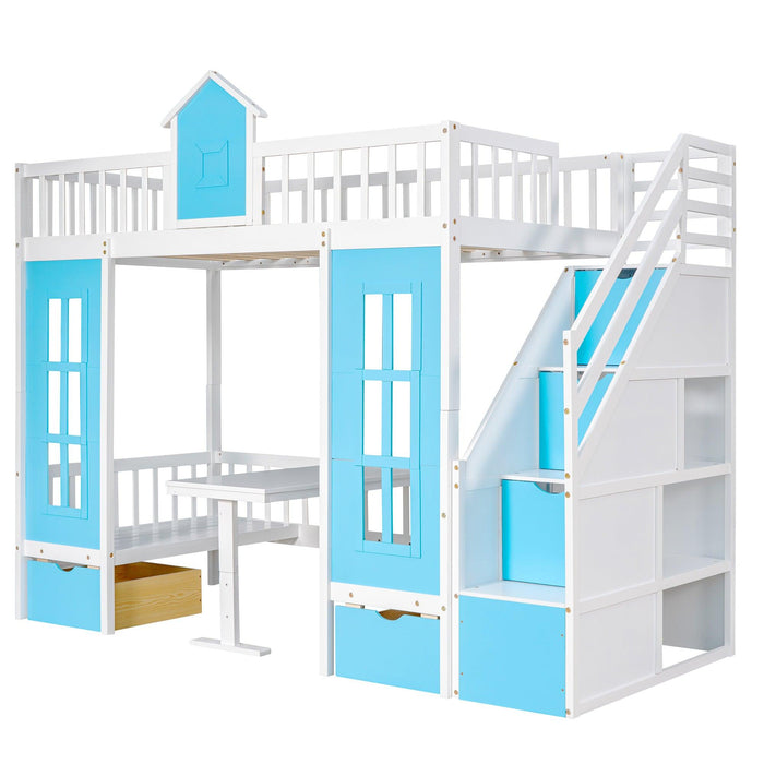 Twin-Over-Twin Bunk Bed with Changeable Table , Bunk Bed  Turn into Upper Bed and Down Desk with 2 Drawers - Blue