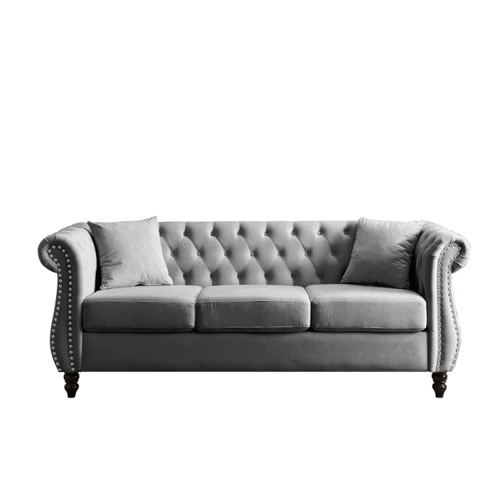 80" Chesterfield Sofa Grey Velvet for Living Room, 3 Seater Sofa Tufted Couch with Rolled Arms and Nailhead for Living Room, Bedroom, Office, Apartment, two pillows