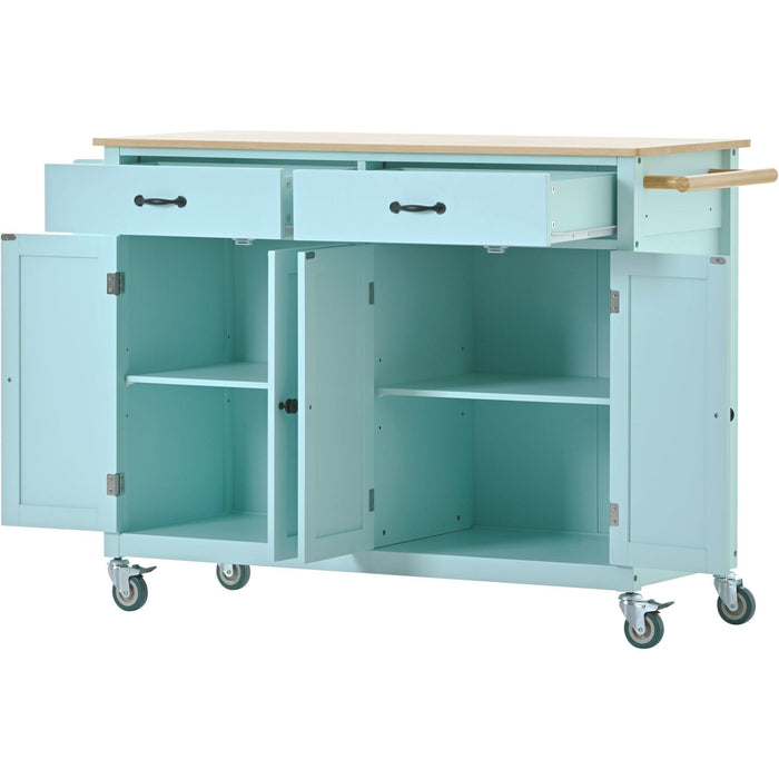 Kitchen Island Cart with 4 Door Cabinet and Two Drawers and 2 Locking Wheels - Solid Wood Top, Adjustable Shelves, Spice & Towel Rack（Mint Green）
