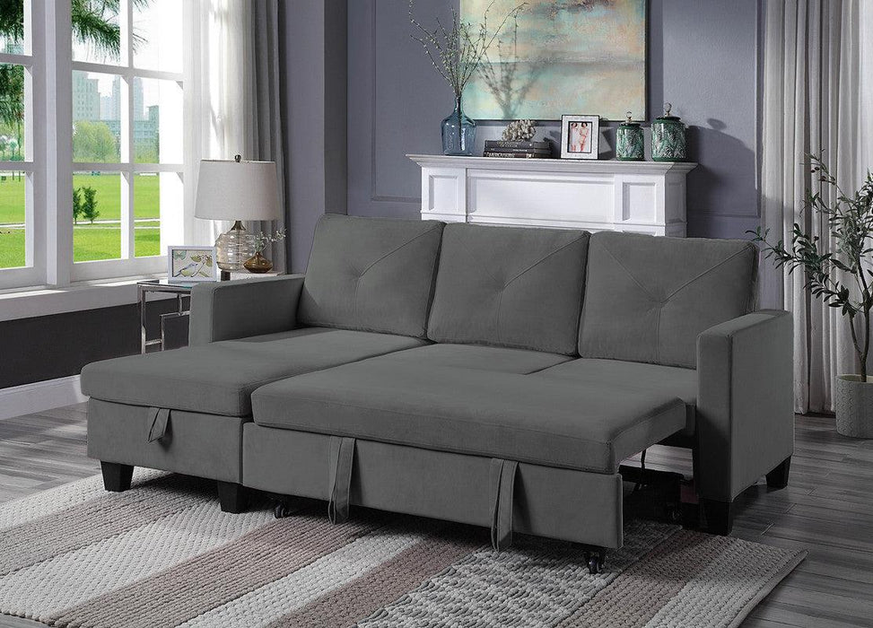 Nova Dark Gray Velvet Reversible Sleeper Sectional Sofa withStorage Chaise