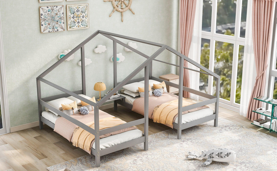 Double Twin Size Triangular House Beds with Built-in Table,Gray