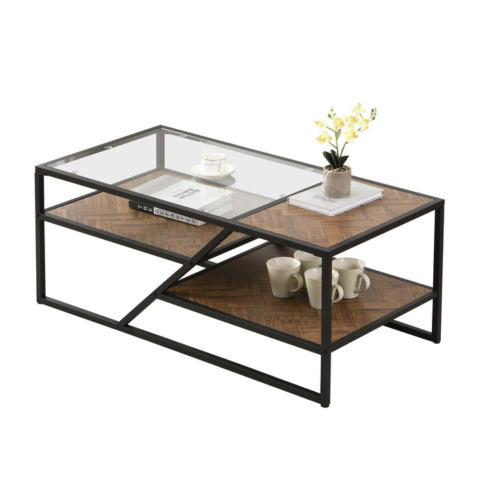 Black Coffee Table withStorage Shelf, Tempered Glass Coffee Table with Metal Frame for Living Room&Bedroom