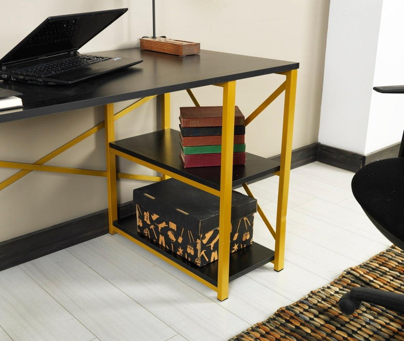 Furnish Home Store Morello Gold Metal Frame 47" Wooden Top 2 Shelves Writing and Computer Desk for Home Office, Black