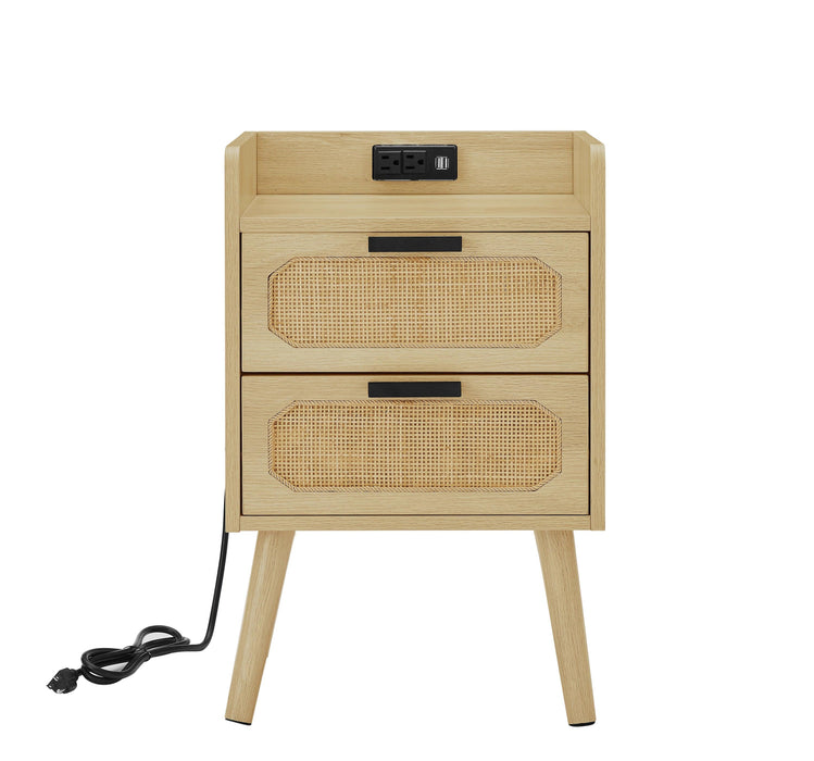 Rattan nightstand with socket side table natural handmade rattan（Natural 15.55’’W*13.78’’D*23.82’’H）