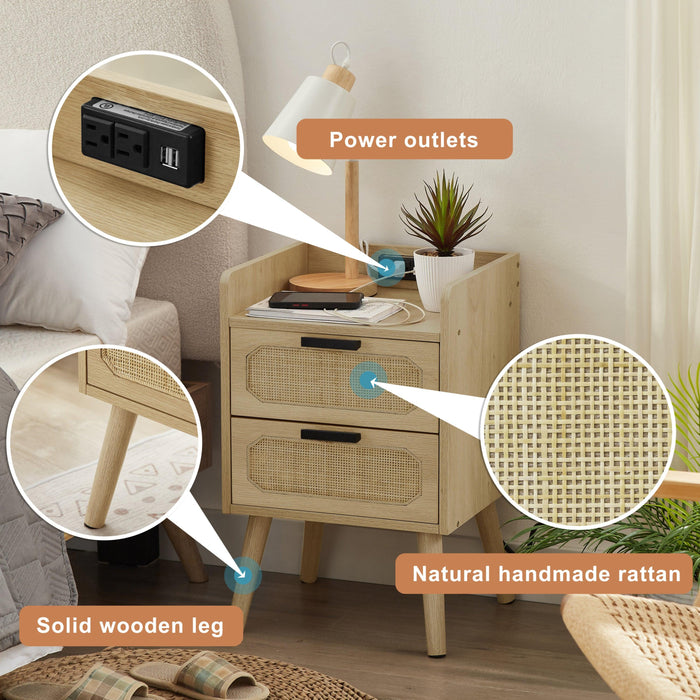 Rattan nightstand with socket side table natural handmade rattan（2PC,Natural ,15.55’’W*13.78’’D*23.82’’H）