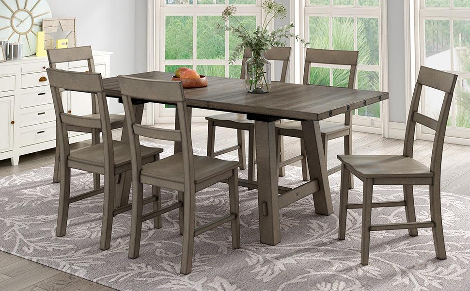 Retro Industrial Style 7-Piece Dining Table Set Extendable Table with 18” Leaf and Six Wood Chairs 
(Gray)
