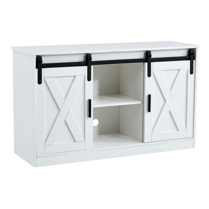 White decorative wooden TV /Storage cabinet with two sliding barn doors, available for bedroom, living room,corridor.