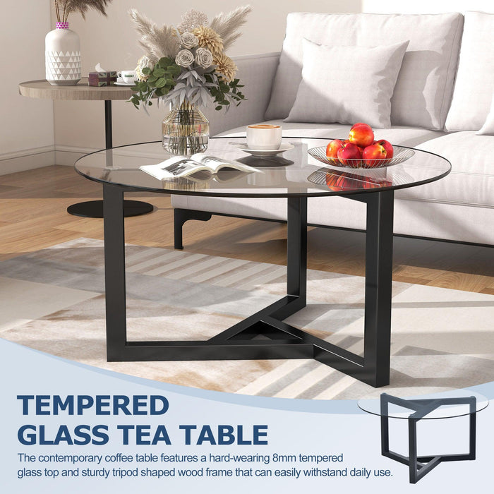 Round Glass Coffee TableModern Cocktail Table Easy Assembly with Tempered Glass Top & Sturdy Wood Base (Black)